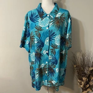 Liz & Me Women Teal Tropica Short Sleeve Button Up Tunic Top Lagenlook 2X 22/24W - Picture 1 of 5