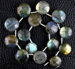 1 Strand Natural Labradorite Gemstone Blue Flash 17 Piece Coin Shape 13-14 MM - Picture 1 of 3