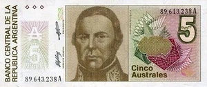 Argentina 1985. 5 Australes Banknote. single 5 Australes Uncirculated Currency - Picture 1 of 2