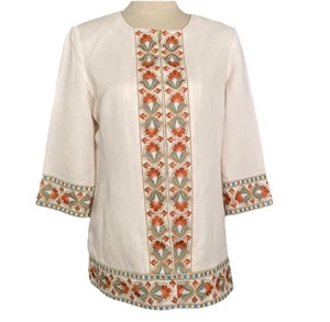 Doncaster Women’s Size 8 Ivory Silk Linen Embroidered 3/4 Long Sleeves Tunic Top - Picture 1 of 10