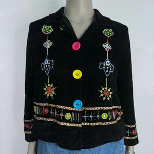 Chaqueta de terciopelo negra vintage años 90 colorida bordada con cuentas boho artística declaración - Imagen 1 de 14