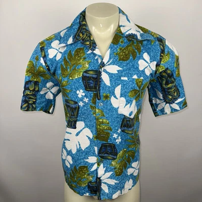 Hukilau Fashions Shirt Vintage Barkcloth Hawaiian Floral USA 60s 70s Mens Medium - Image 1 of 4