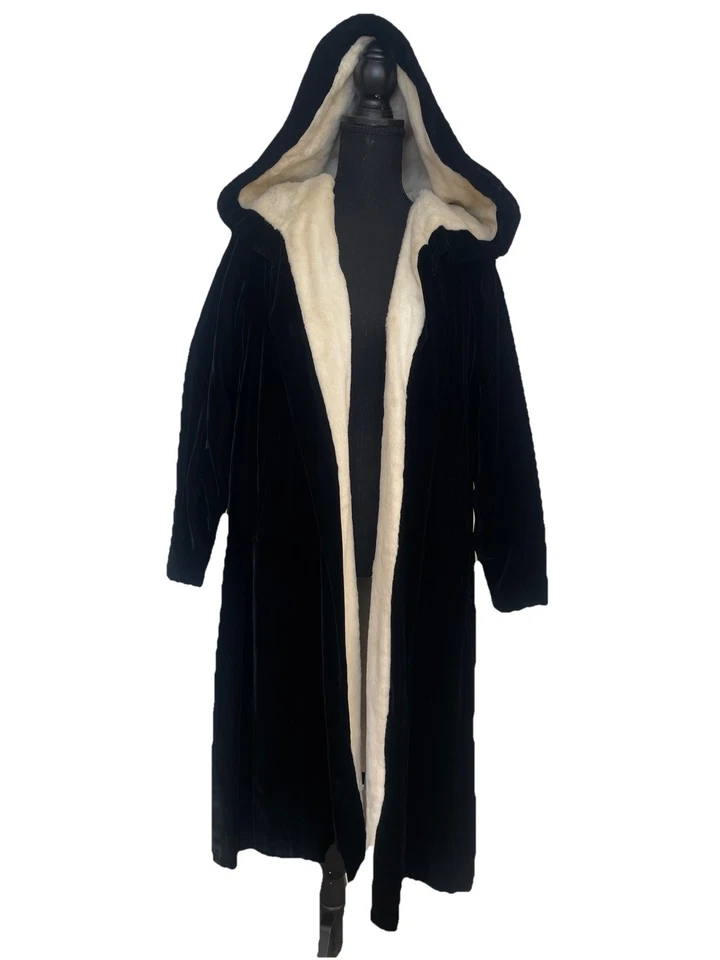 Старинный винтажный 1930-х черный вискоза бархата с капюшоном Opera пальто плащ меха с подкладкой - Изображение 1 из 4