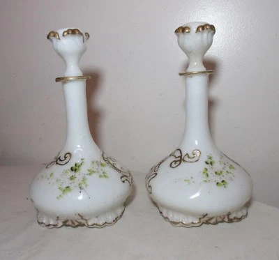 pair of antique hand painted ornate milk glass barber cologne bottle decanter . - Image 1 of 4