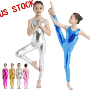 Kids Girls Shiny Metallic Bodysuit Dance Gymnastics Leotard Jumpsuit Rompers - Picture 1 of 39