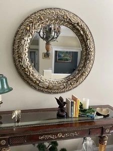 90's Italian Style Round Resin￼ Bevelled Mirror With Nuts & Flowers Gold - Picture 1 of 8