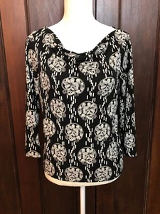 Liz Claiborne Black & White Floral Print Cowl Neck Blouse 3/4 Sleeves Size PL - Picture 1 of 8