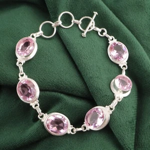 Natural Morganite 925 Silver Daughter Minimal Wedding Chain Anniversary Bracelet - Picture 1 of 9