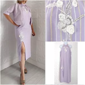 Conjunto de Vestido y Chaqueta Columna Lavanda Años 60 Vintage Cuentas Floral Rayas Hecho a Mano M - Imagen 1 de 19