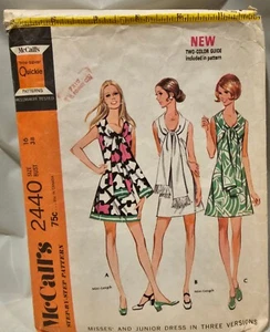 1970 McCALL'S #2440 - LADIES RETRO MINI DRESS w/SCARF COLLAR PATTERN  16 - Bild 1 von 1