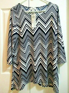 New RUE JUJU  TUNIC TOP BLOUSE   XL  Navy & White  Zig Zag  Pullover  Silky  NWT - Picture 1 of 8