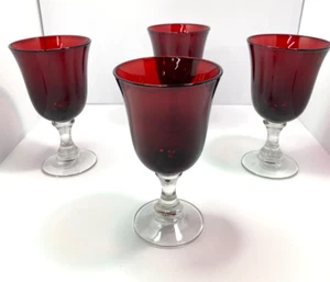 Ruby Red Wine Water Goblet Glasses with Clear Heavy Pedestal Stem Vintage Set 4 - Picture 1 of 18