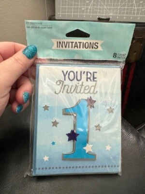 One Little Star Boy Blue Twinkle Cute 1st Birthday Party Invitations Envelopes - Image 1 of 2