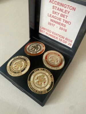 ACCRINGTON STANLEY Football Club FC Badge LTD EDITION PROMOTION 2018 Box Pin Set - Image 1 of 4