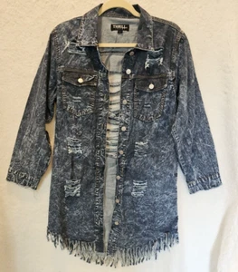 THRILL WOMEN'S SHIRT DRESS CASUAL BUTTON  UP DENIM DISTRESSED JACKET SIZE LARGE  - Picture 1 of 9