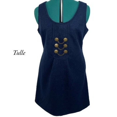 Tulle Navy Blue Wool Blend Sleeveless Sheath Button Chain Pockets Dress Size L - Изображение 1 из 4