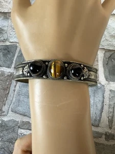 Vintage Tigers Eye Black Onyx Stone Bezel Set Cabochon Silver Cuff Bracelet 6.25 - Picture 1 of 9