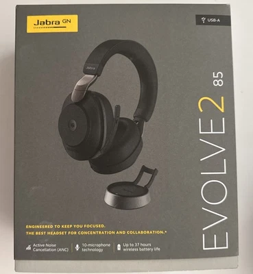 JABRA EVOLVE2 85 UC STEREO - WIRELESS HEADPHONE MIC - BLACK And charging base - Image 1 of 4