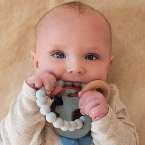 Gray Elephant Teether for Babies Natural Wood and Soft Silicone 3 Months Plus - Picture 1 of 4