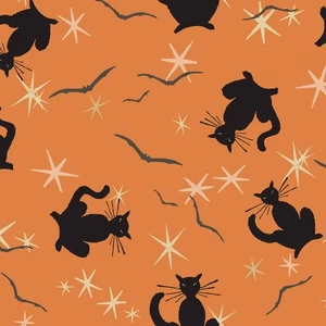 Tessuto Feline Drive RETRO HALLOWEEN Nero Gatto Toss Arancione Quarto Grasso (18x22) FQ - Foto 1 di 7