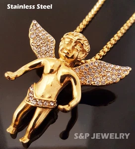 Stainless Steel Gold flying baby angel Pendant & 24" Round Box Chain Necklace - Picture 1 of 3
