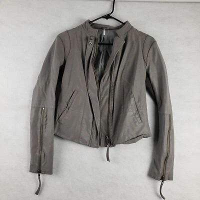 Chaqueta Moto Free People 4 Imitación Cuero Cremallera Completa Gris Ajustada Cremallera Manga Bikercore Foto 1 de 4