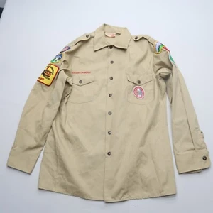 Boy Scouts Of America Mens Large Uniform Shirt Tan Long Sleeve USA Made Patches - Picture 1 of 8