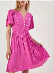 Monsoon Embroidered Crinkle Short Dress Pink Size Medium BNWT - Picture 1 of 5