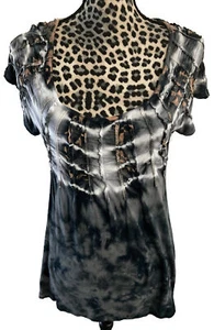 Live and Let Live Blouse L Boho Hippy Tye Die Black Round Neck Short Sleeve  - Picture 1 of 5