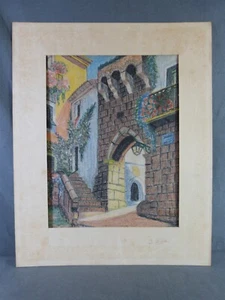Disegno a matita colorata firmato B. Brisler raffigurante un vicolo medievale - Foto 1 di 8
