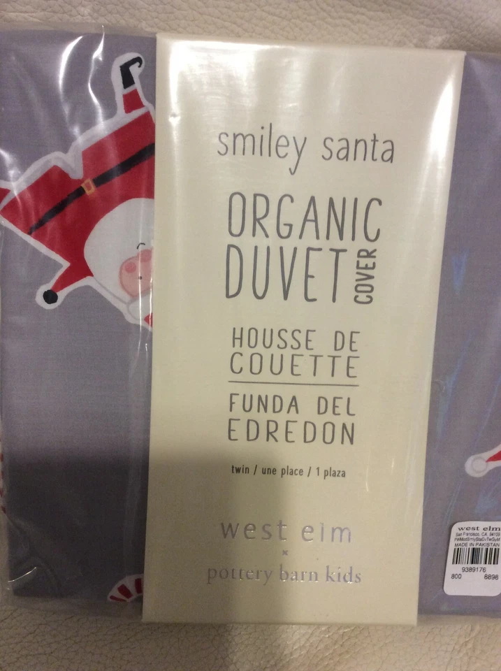 west Elm & Pottery Barn Kids Smiley Santa Organic Twin Duvet NWT Christmas Gray - Image 1 of 1