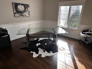 Arhaus Industrial Crank Desk with Glass Top and Large Black Rubbed Copper Base - Picture 1 of 11