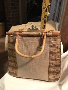 Brahmin Purse Bamboo Handles Beige Canvas Leather Tote Bag Harbour Collection 