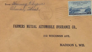 Wisconsin Cover 1949 ALMA to Farmers Mutual Auto Insurance Madison - Picture 1 of 3