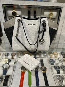 Michael Kors Lady Large Shoulder Tote Bag Handbag Purse + Card Case Wallet White - Picture 1 of 20