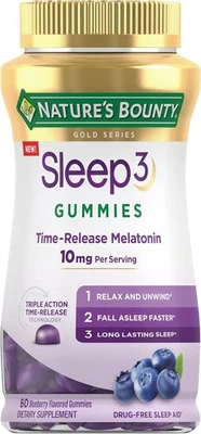 Nature’s Bounty Sleep3 Gummies 10mg Melatonin Sleep Aid- 60 BLUEBERRY GUMMIES - Image 1 of 3