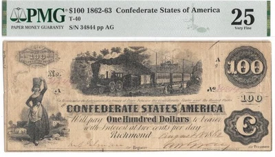 RARE Trans Miss MS Reissued Houston TX T-40 1862 $100 Confederate Train PMG VF25 - Image 1 of 4