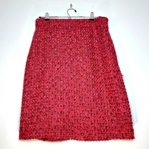DONNA KARAN Red Pink Pencil Lined Tweed Skirt Gold Metallic Shimmer Size 14 - Picture 1 of 8