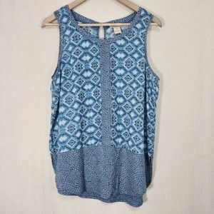Lucky Brand Sleeveless Blouse Womens Med Blue W/ Brown Accents Aztec Boho Top - Picture 1 of 14