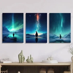 3pcs Penguins Aurora Borealis Northern Prefect Wall Art Canvas Framed 50x70cm - Foto 1 di 3