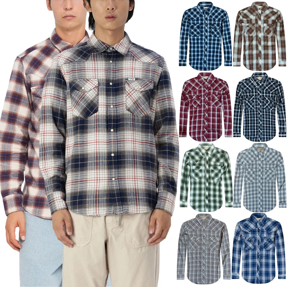 Wrangler Mens Long Sleeve Snap Button Up Work Formal Shirt Casual Check Top - Image 1 of 1