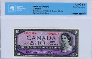 1954 Bank of Canada $10 Banknote - CCCS Choice UNC 64 - S/N: A/T5922918 - Picture 1 of 2