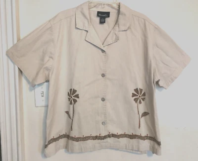 Blusa Denim & Co Mujer 2X Plus Crema Marrón Floral Abotonada Denim Manga Corta Foto 1 de 3