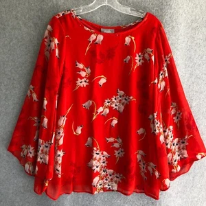 Wallis Womens Floral Flowy Chiffon Long Sleeve Blouse Red/Orange Work/Party M - Picture 1 of 11