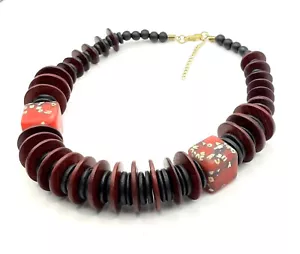 Tribal Rosewood & Ebony Disc with Resin Amber Cubes Statement Necklace 46cm/18" - Picture 1 of 5