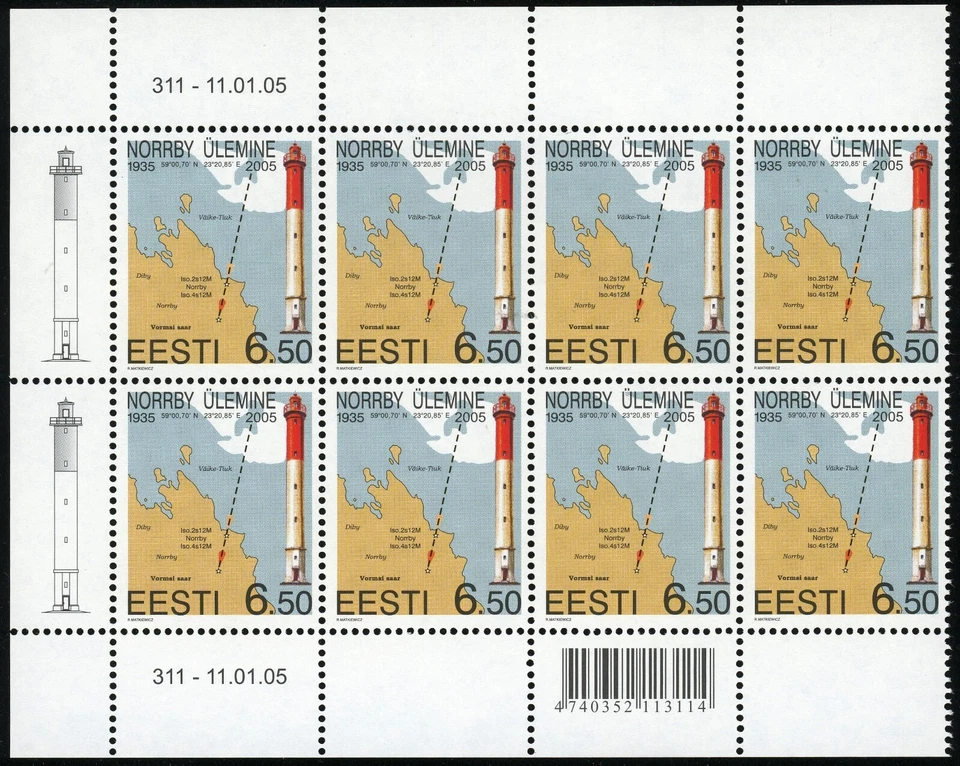 Эстония #502 Norrby Ülemine Tuletorn маяк 6.50K блок из 8 Европы 2005 MNH - Изображение 1 из 1