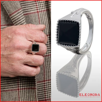 anello chevalier uomo argento 925 con pietra onice nera d'argento da mignolo per - Immagine 1 di 4