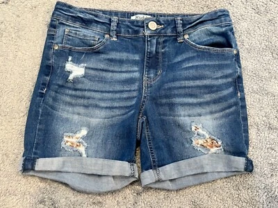 Shorts jeans Mudd meninas Y16 azul denim lantejoulas desgastadas algemado verão - Imagem 1 de 4