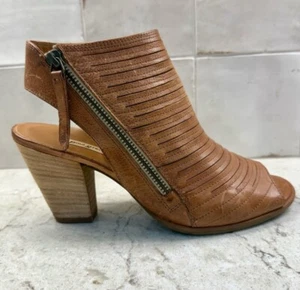 Paul Green Women Sz 7.5 Leather Tan Beige Peep Toe Zip Bootie Block Heel Cayanne - Picture 1 of 12