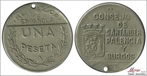 España Santander/Palencia/Burgos 1 pta.1937 Cu/Ni - pequeña perforación MB - Picture 1 of 1